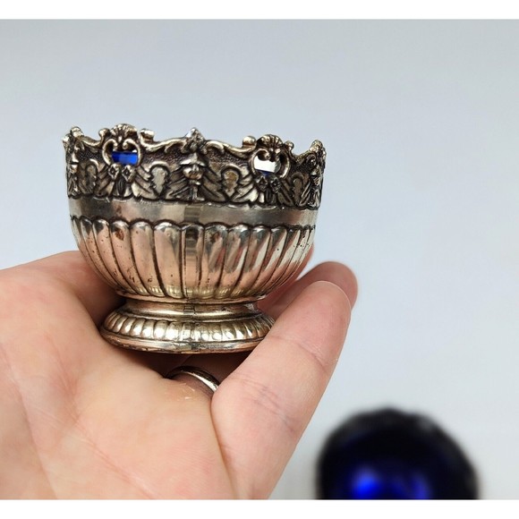 VTG 60's Raimond Silverplate Lot Of 2 Pcs Salt Cellars Cobalt Blue Glass Insert - Picture 5 of 8